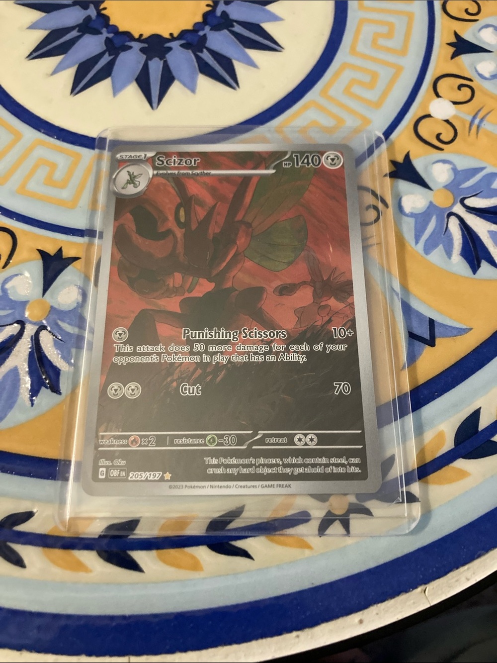 Pokemon Scizor Card Red Black with Yellow Blue Accents